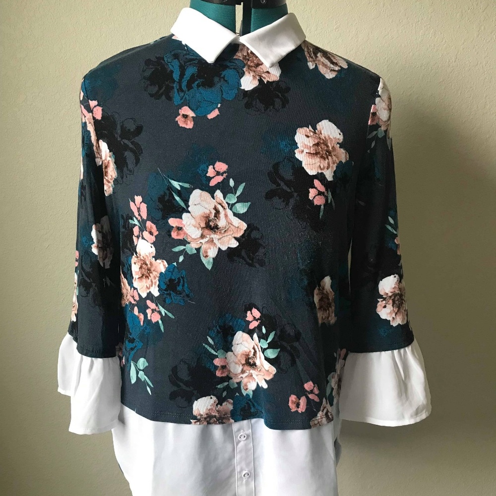 ELLE Floral Print Sweater with White Blouse Accent